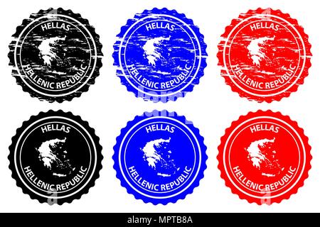 Grecia - timbro di gomma - il vettore, la Repubblica ellenica (Hellas) Mappa del modello - adesivo - nero, blu e rosso Illustrazione Vettoriale