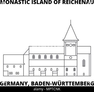 Germania, Baden-Württemberg, Isola Monastica di Reichenau icona linea concept. Germania, Baden-Württemberg, Isola Monastica di Reichenau vettore lineare segno, simbolo, figura. Illustrazione Vettoriale