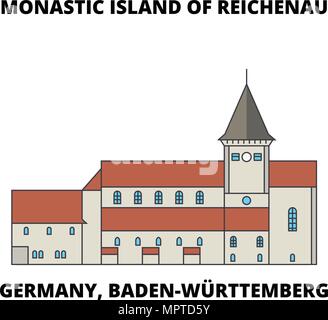 Germania, Baden-Württemberg, Isola Monastica di Reichenau icona linea concept. Germania, Baden-Württemberg, Isola Monastica di Reichenau piatto segno del vettore, simbolo, figura. Illustrazione Vettoriale