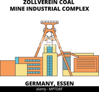 Germania, Essen, Complesso industriale delle Miniere di carbone dello Zollverein icona linea concept. Germania, Essen, Complesso industriale delle Miniere di carbone dello Zollverein piatto segno del vettore, simbolo, figura. Illustrazione Vettoriale