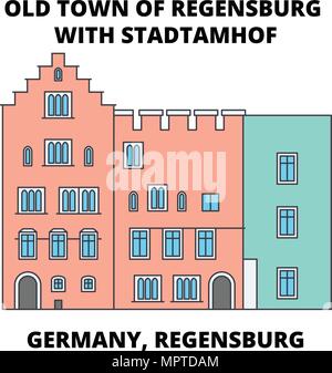 Germania, Regensburg, Old Town lo Stadtamhof icona linea concept. Germania, Regensburg, Old Town lo Stadtamhof piatto segno del vettore, simbolo, figura. Illustrazione Vettoriale