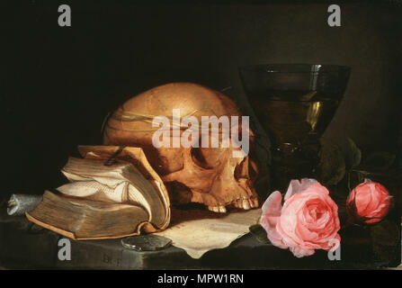 Vanitas ancora in vita con un cranio di un libro e le rose, c.1630. Foto Stock
