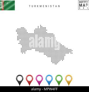 Vettore Mappa tratteggiata del Turkmenistan. Semplice Silhouette del Turkmenistan. Bandiera del Turkmenistan. Mappa multicolore set di marcatori Illustrazione Vettoriale