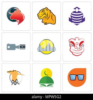 Set di 9 semplici icone modificabile come nerd occhiali, il Corano, upupa, danza leone, montain, filmati, viola cobras, tigre, Toro Professional possono essere noi Illustrazione Vettoriale