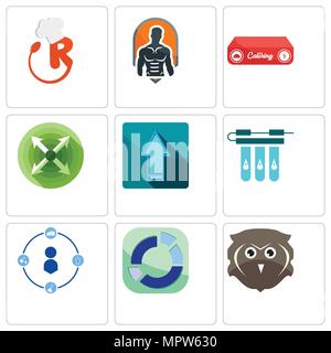 Set di 9 semplici icone modificabili come il gufo libero, settore, ordinato, filtro dell'acqua, aggiornamento, si estendono, catering, fitness, ristorante, può essere usato per il mobile, abbiamo Illustrazione Vettoriale