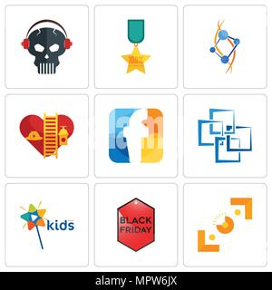 Set di 9 semplici icone modificabile come mirino, Venerdì nero, kids canale, blockchain, f, volontario dei vigili del fuoco, patologia, 100% di soddisfazione, Illustrazione Vettoriale