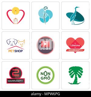 Set di 9 semplici icone modificabili quali Arabia palm, non OGM, 2 anni di garanzia, durata della pineta, petshop, heron, neurochirurgia, allattamento, può essere u Illustrazione Vettoriale