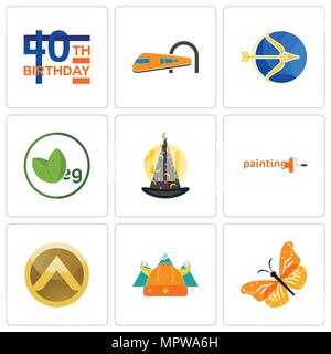 Set di 9 semplici icone modificabile come farfalla monarca, norvegese, spartan scudo, società di verniciatura, wizard hat, veg, sagittario, treno, quarantesimo compleanno, Illustrazione Vettoriale