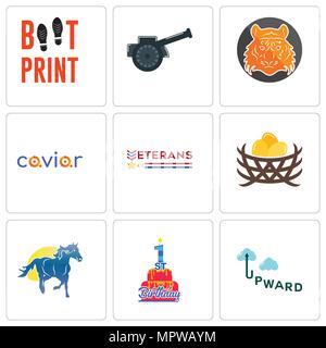 Set di 9 semplici icone modificabili quali verso l'alto, primo compleanno, mustang mascotte, bird nest, veterani giorno, caviale e tigre del Bengala, cannone, boot stampa, può essere Illustrazione Vettoriale