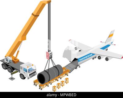 Caricamento del carico ingombrante di aeromobili su sfondo bianco. Logistica vettore isometrica Icone. Gru azienda big cargo Illustrazione Vettoriale