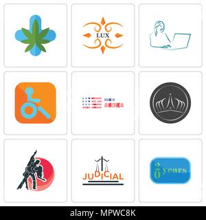 Set di 9 semplici icone modificabile come 20 anno, giudiziaria, studio di danza, tiara, made in America, i portatori di handicap, segretario, lux, la marijuana medica, può essere Illustrazione Vettoriale