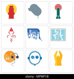 Set di 9 semplici icone modificabili quali mani piegate, live support, vetri rotti, forum di discussione, ganesh, penetrazione, concessionarie auto, idrante, può Illustrazione Vettoriale