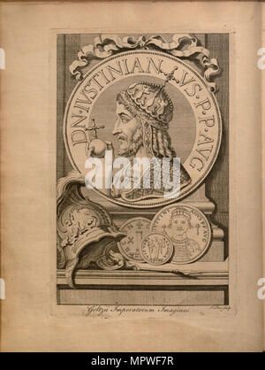 L'imperatore Giustiniano I. Da: Jurisprudentia Philologica, Sive Elementa Iuris Civilis, 1744. Foto Stock