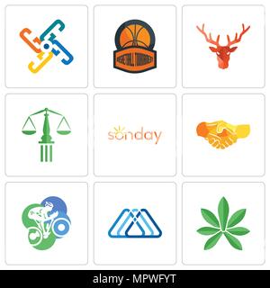 Set di 9 semplici icone modificabile come pot foglia, 3 triangolo, ciclista, agitare a mano, domenica, bilancia della giustizia, testa di cervo, torneo di pallacanestro, generico Illustrazione Vettoriale