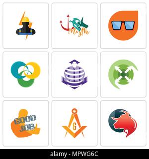 Set di 9 semplici icone modificabile come toro professional, masonic, buon lavoro, estendere, viola cobras, triskelion, nerd occhiali, mito, elettricista, può Illustrazione Vettoriale