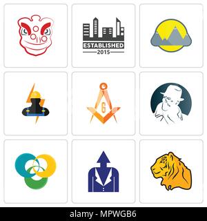 Set di 9 semplici icone modificabile come tiger, lo sviluppo personale, triskelion, libero detective, masonic, elettricista, montain, stabilito, danza leone Illustrazione Vettoriale