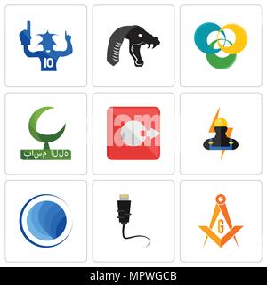 Set di 9 semplici icone modificabile come masonic, ethernet, Globe, elettricista, output bismillah, triskelion, Mamba, appassionati di sport, possono essere utilizzati per la telefonia mobile Illustrazione Vettoriale