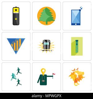 Set di 9 semplici icone modificabile come de, guida del tour del vantaggio competitivo, zipper, saldatura, resa, telefono, pino, batteria al litio può essere utilizzato fo Illustrazione Vettoriale
