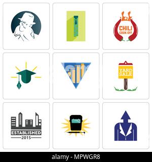 Set di 9 semplici icone modificabili quali lo sviluppo personale, saldatura, stabilito, yard sale, resa, istruzione, chili cook off, zipper, detective libero Illustrazione Vettoriale