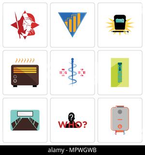 Set di 9 semplici icone modificabile come caldaia, mistero persona, sala conferenze, zipper, annunci infermiera, riscaldatore, saldatura, resa, spartan, possono essere utilizzati fo Illustrazione Vettoriale