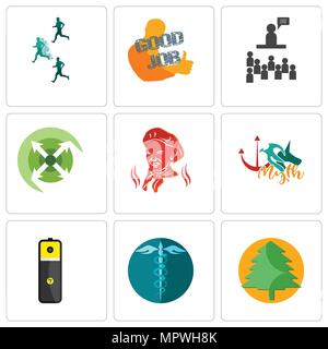 Set di 9 semplici icone modificabile come pino, HIPAA, batteria al litio, mito si estendono, pubbliche relazioni, buon lavoro, vantaggio competitivo, può essere utilizzato Illustrazione Vettoriale