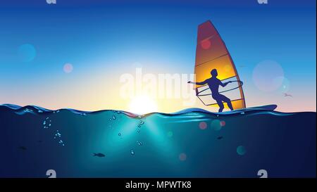 Windsurf sul paesaggio di mare e cielo chiaro dello sfondo. L'uomo windsurf sul bordo con una vela galleggiante sul mare al tramonto. Illustrazione Vettoriale
