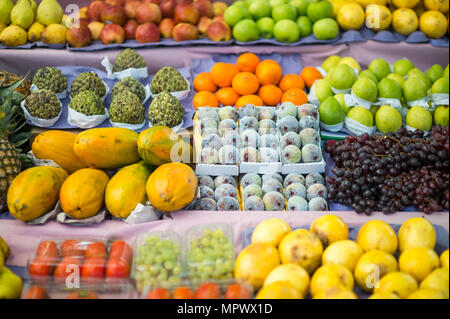 Frutti tropicali ordinatamente disposte su uno stallo presso il settimanale mercato agricolo in generale Osorio Plaza di Ipanema. Foto Stock