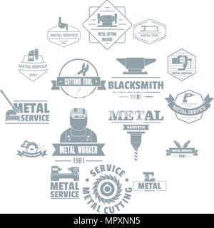 La lavorazione del metallo logo set di icone, stile semplice Illustrazione Vettoriale