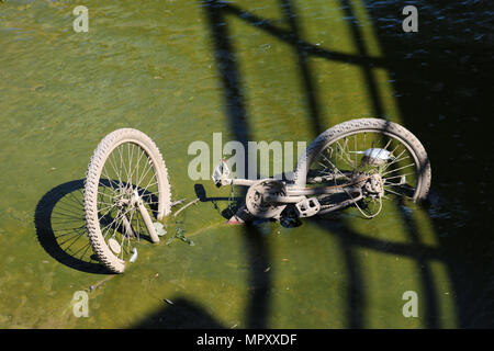 Vecchia bicicletta scartato a metà coperto di fango a lato del fiume Lune sotto il Millennium Bridge in Lancaster. Foto Stock