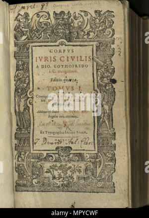 Justinianus Corpus Iuris Civilis (corpo del diritto civile). Frontespizio, 1625. Foto Stock