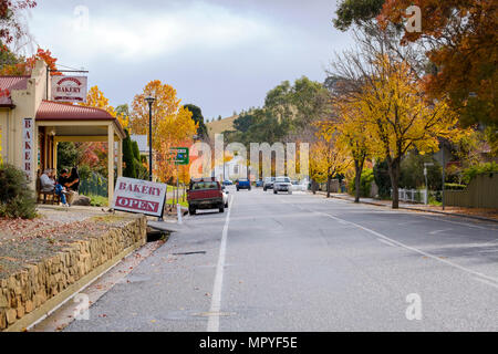 I clienti di panetteria mangiare pranzo e godetevi il colorato Foglie di autunno nelle colline di Adelaide città di Clarendon Foto Stock