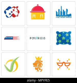 Set di 9 semplici icone modificabili quali masquerade, royal lion, segno di spunta, cuscino, fortezza, ferrovia, metropoli, cibo fatto in casa, democratici, può essere utilizzato Illustrazione Vettoriale