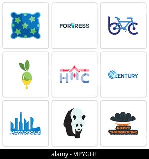 Set di 9 semplici icone modificabile come felice ringraziamento, metropoli, secolo, home health care, olio d'oliva, bike club, fortezza, cuscino, può essere utilizzato Illustrazione Vettoriale