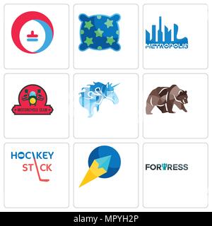 Set di 9 semplici icone modificabile come fortezza, aeroplano di carta, mazza da hockey, orso grizzly, moto club, metropoli, cuscino, riscaldamento raffreddamento, può essere Illustrazione Vettoriale