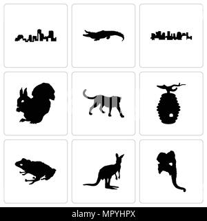 Set di 9 semplici icone modificabile come testa di elefante, canguro, rana, beehive, ghepardo, Norvegia, alligatore, Louisiana, può essere usato per il mobile, web Illustrazione Vettoriale
