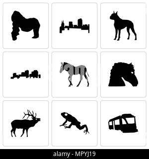 Set di 9 semplici icone modificabili quali treno, rana, elk, cavallo faccia, zebra, Louisiana, boxer, colorado, gorilla, può essere usato per il mobile, web Illustrazione Vettoriale