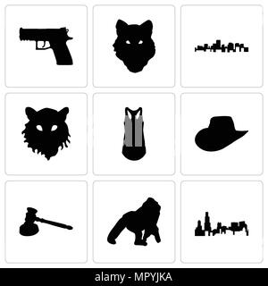 Set di 9 semplici icone modificabile come stato di Illinois, gorilla, martello, cappello da cowboy, tank top, tiger faccia, Virginia Wolf pistola, possono essere utilizzati per la telefonia mobile Illustrazione Vettoriale