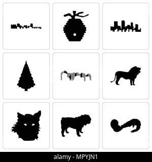 Set di 9 semplici icone modificabili quali gamberetti, bulldog wolf faccia, lion, Utah, albero di natale, colorado, beehive, Cuba, può essere usato per il mobile, web Illustrazione Vettoriale