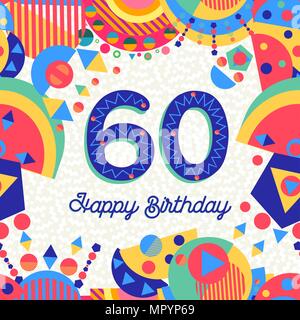 Buon Compleanno 60 anno design divertente con il numero di etichetta di testo e decorazione colorata. Ideale per l'invito alla festa o biglietto di auguri. EPS10 vettore. Illustrazione Vettoriale