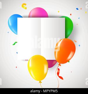 Compleanno di palloncini con carta del modello di scheda per il messaggio speciale. Parte colorata confetti decorazione e copia dello spazio. EPS10 vettore. Illustrazione Vettoriale