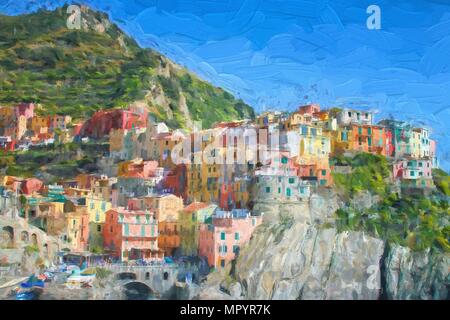 Splendida cittadina di Corniglia in cinqueterre in Italia con molte case colorate arroccata su di una rupe Foto Stock