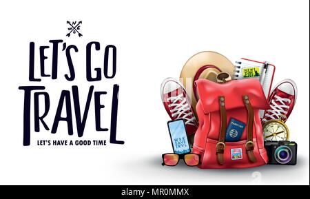Isolato Let's Go Travel ci permettono di avere un buon tempo di scritte Promozione Banner con 3D elementi realistici come zaino, sneakers, bussola, telefono cellulare, Illustrazione Vettoriale