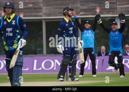 London, England, 25 maggio 2018. Graham Clark di Durham è dato fuori LBW contro Worcestershire nel Royal London una giornata ventosa a Roseworth terrazza. Credito: Colin Edwards/Alamy Live News. Foto Stock