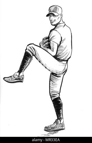 Giocatore di baseball. L'inchiostro bianco e nero illustrazione Foto Stock
