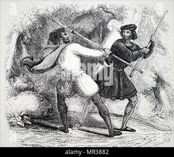 Illustrazione raffigurante Robin Hood, eroico fuorilegge in inglese folklore che secondo la leggenda è stata altamente qualificato archer spadaccino e. Datato xiv secolo Foto Stock