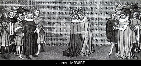 Incisione raffigurante la riunione del re Edward III e il re Filippo V di Francia. Edward III (1312-1377), re d'Inghilterra. Filippo V di Francia (11293-1322) Re di Francia e Re di Navarra. Datato xiv secolo Foto Stock