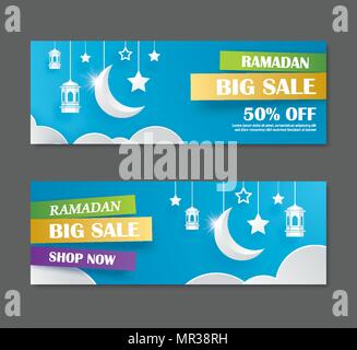 Il Ramadan Kareem grande vendita design banner con la mezzaluna carta sfondo d'arte. Utilizzare per il biglietto di auguri, poster, volantini, brochure, illustrazione vettoriale tem Illustrazione Vettoriale