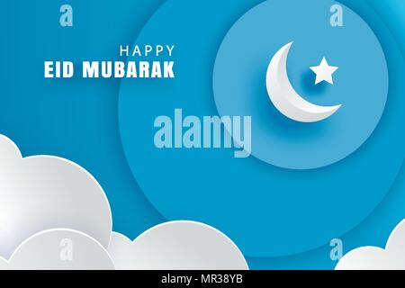 Felice Eid Mubarak biglietto di auguri con con la mezzaluna carta sfondo d'arte. Il Ramadan Kareem illustrazione vettoriale. Utilizzare per banner, poster, volantini, broch Illustrazione Vettoriale