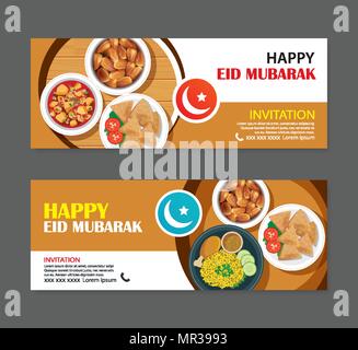 Eid Mubarak inviti per le feste biglietto di auguri e banner con sfondo di cibo. Il Ramadan Kareem illustrazione vettoriale. Utilizzare per coprire, poster, volantini, brochur Illustrazione Vettoriale