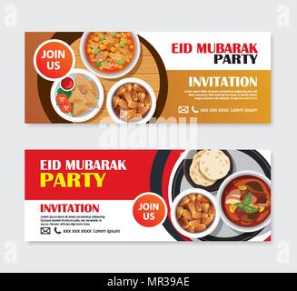 Eid Mubarak inviti per le feste biglietto di auguri e banner con sfondo di cibo. Il Ramadan Kareem illustrazione vettoriale. Utilizzare per coprire, poster, volantini, brochur Illustrazione Vettoriale